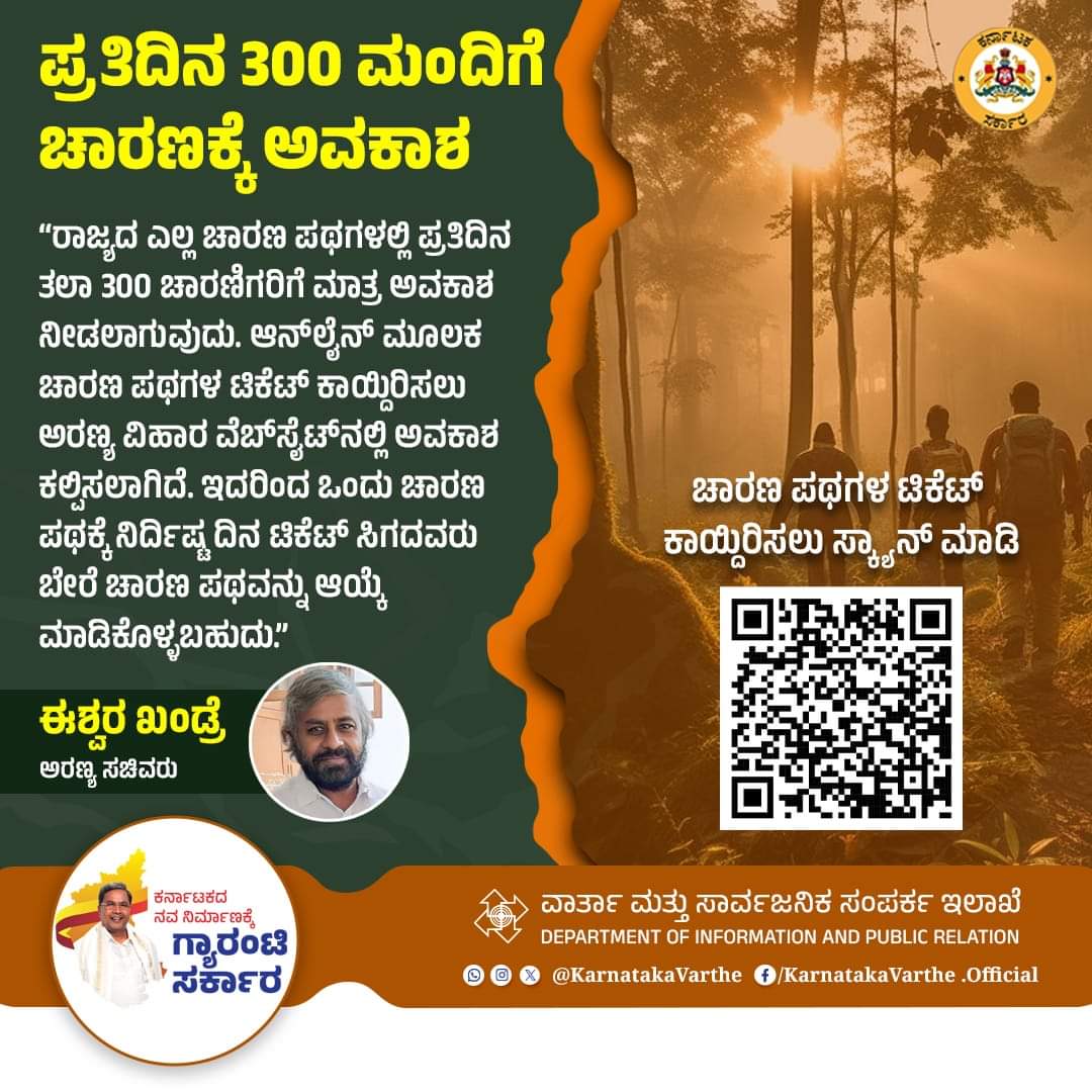 ರಾಜ್ಯದೆಲ್ಲೆಡೆ ದಿನವೊಂದಕ್ಕೆ ತಲಾ 300 ಚಾರಣಿಗರಿಗೆ ಮಾತ್ರ ಚಾರಣ ಪಾಸ್…