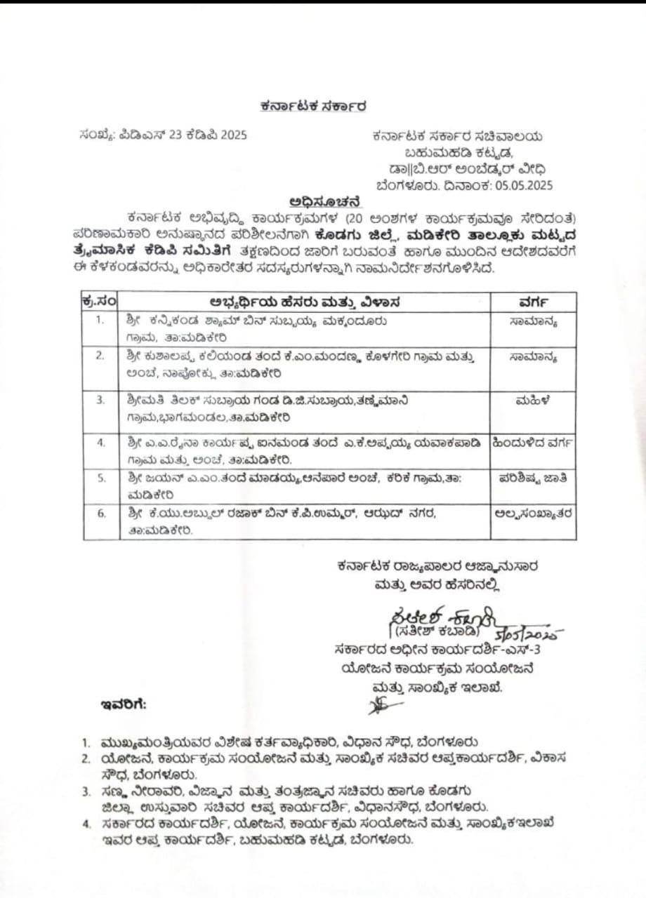 ಮಡಿಕೇರಿ ಕೆಡಿಪಿ ಸಮಿತಿಗೆ ನೇಮಕ… ಮಡಿಕೇರಿ ಕೆಡಿಪಿ ಸಮಿತಿಗೆ ನೇಮಕ…